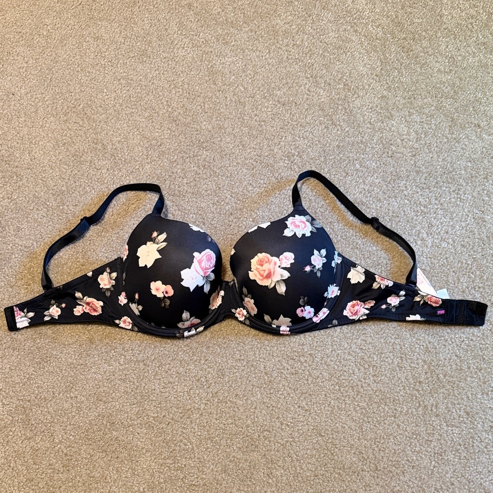 VS PINK Black Floral Underwire lightly lined Bra - Pink Rose Print size 36DD